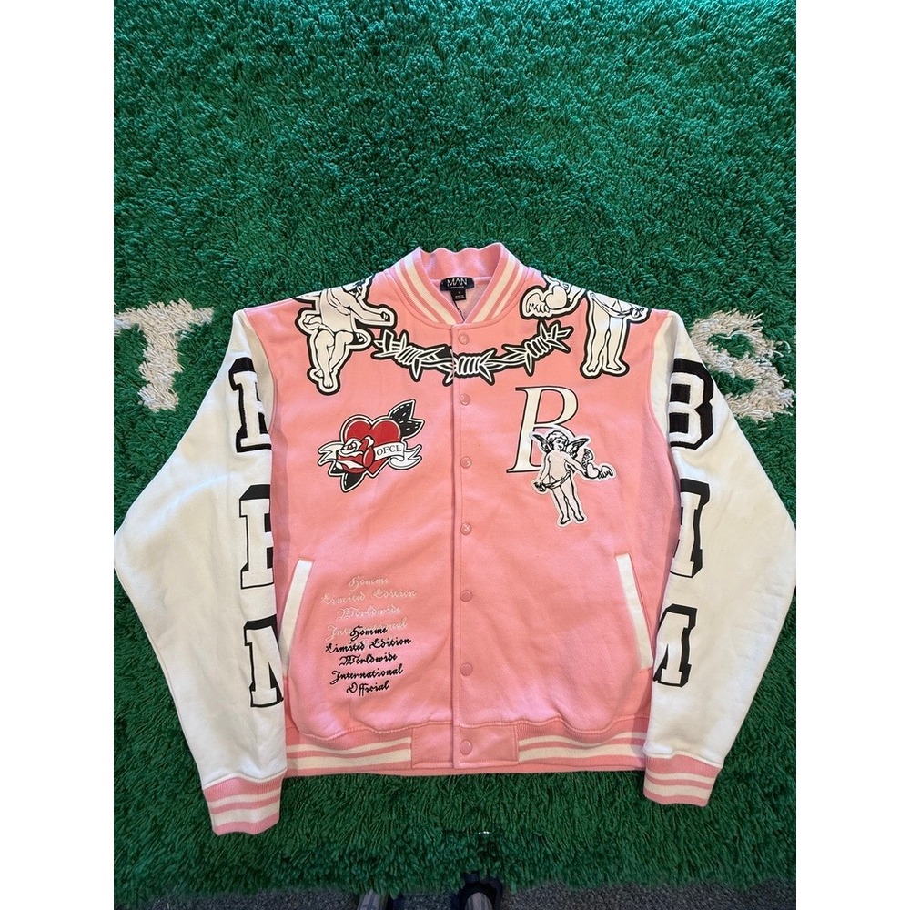 BoohooMAN Varsity Jacket Mens L Pink Good Cherub Embroidered Streetwear Bomber